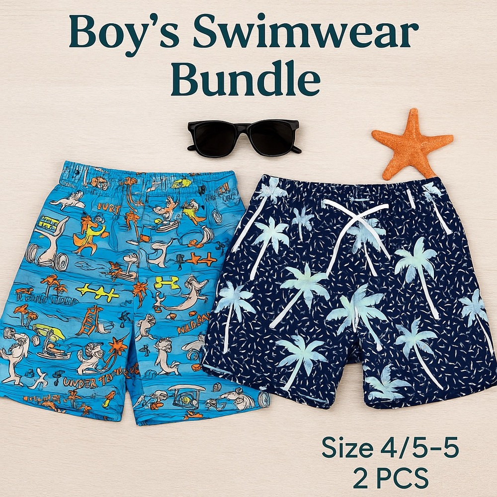 🌴 Boy’s Swim Trunk Bundle (Size 4/5–5) | Under Armour + Resort Palm Print